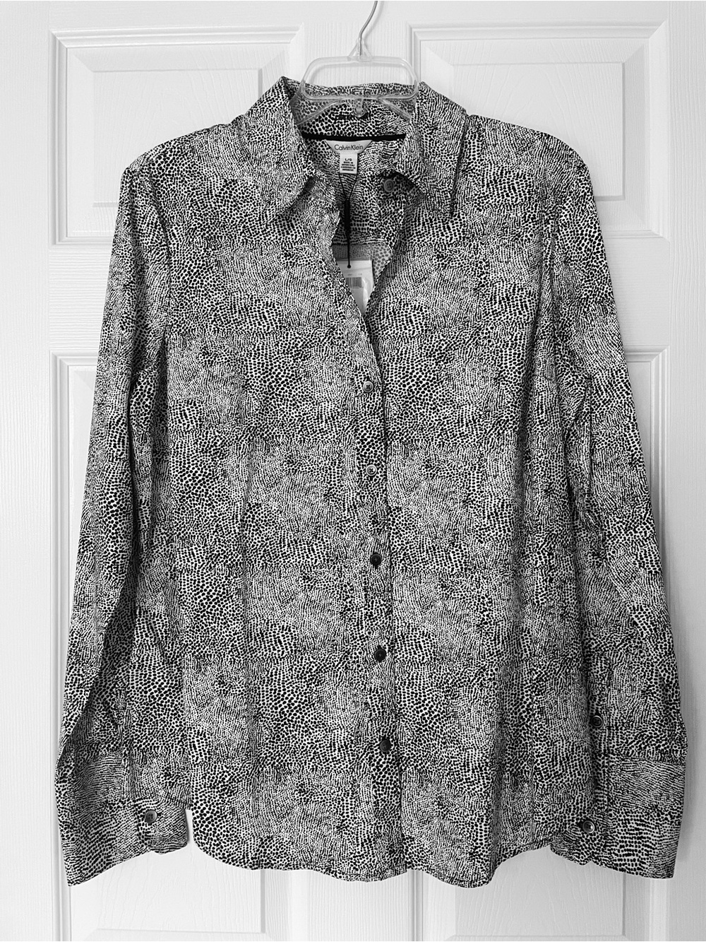 Calvin Klein Black & White Abstract Print Top Modern Neutral Statement Blouse